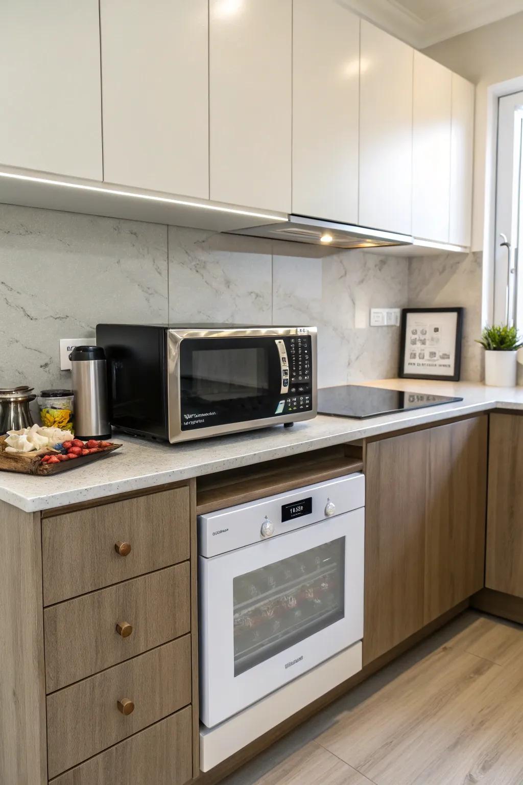 A corner countertop microwave optimizes space without crowding your kitchen.