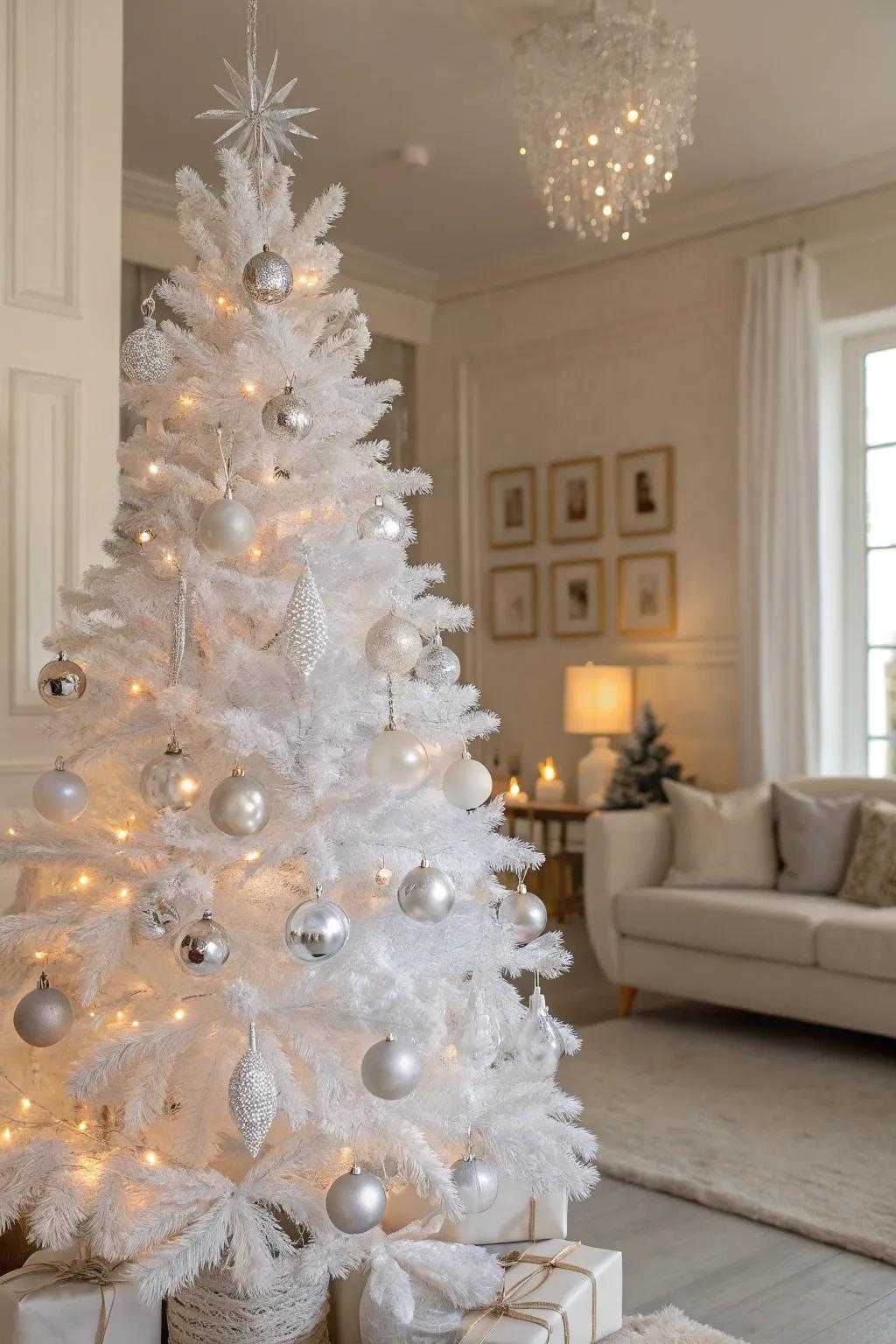 Understated elegance with clear glass ornaments on a white Christmas tree.