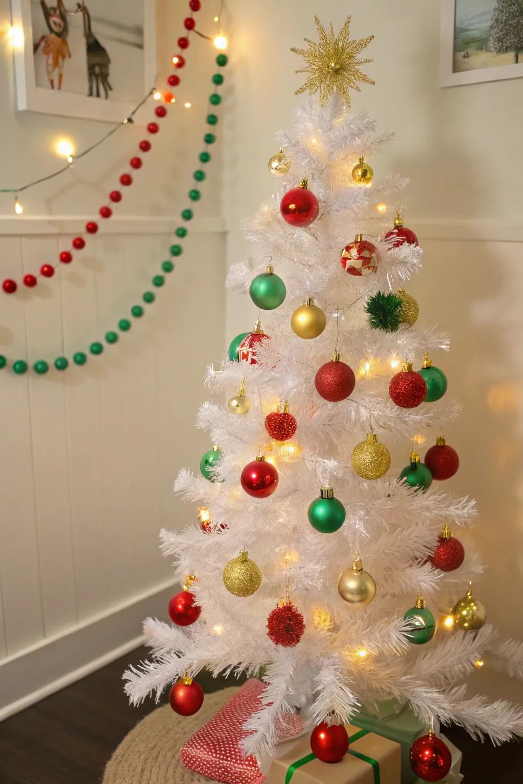 A festive fiesta-themed white pencil tree with bright and colorful decorations.