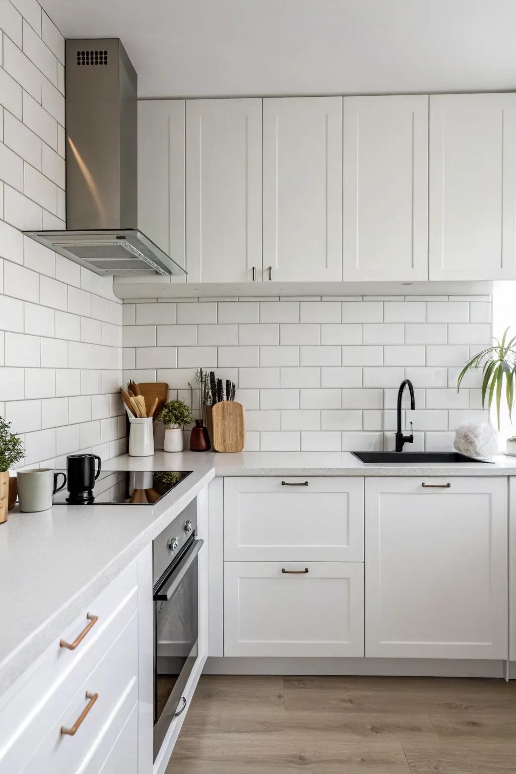 Minimalist kitchen featuring a plain white quartz backsplash.