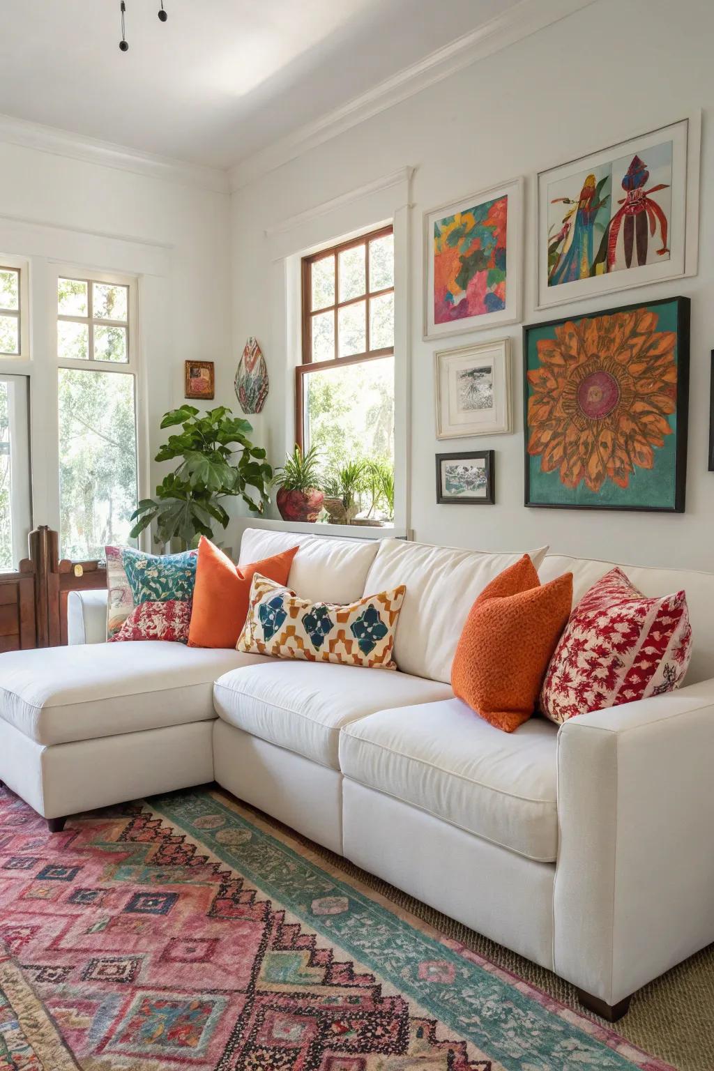 Bold colors bring vibrant energy to a living room with a white sectional.