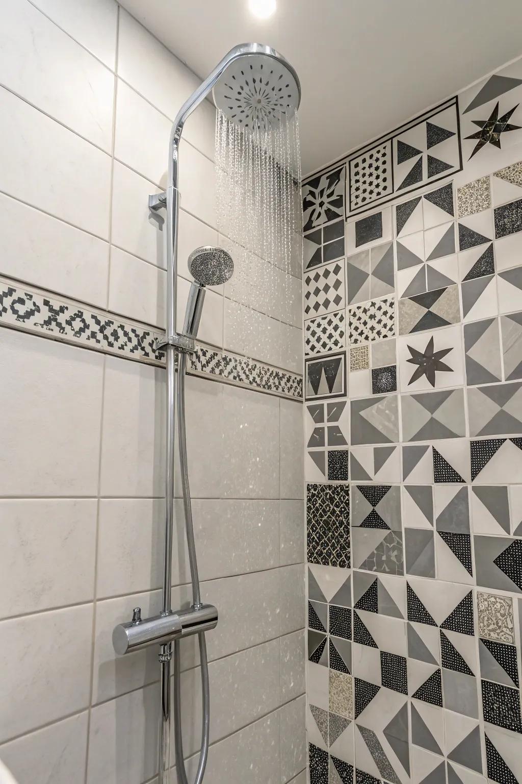 Geometric tiles adding a twist to a white shower design.