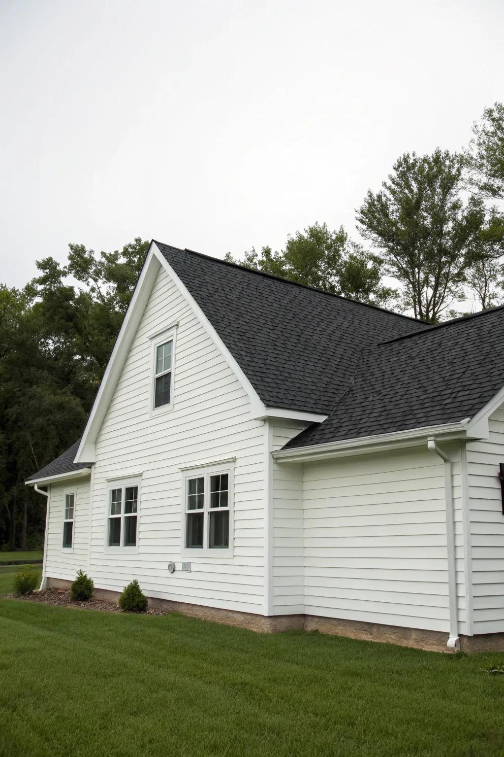 A house with a bold, contrasting dark roof and white vinyl siding.