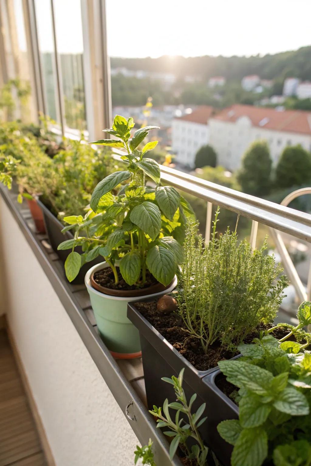 A culinary corner with mint and herbs in a window box