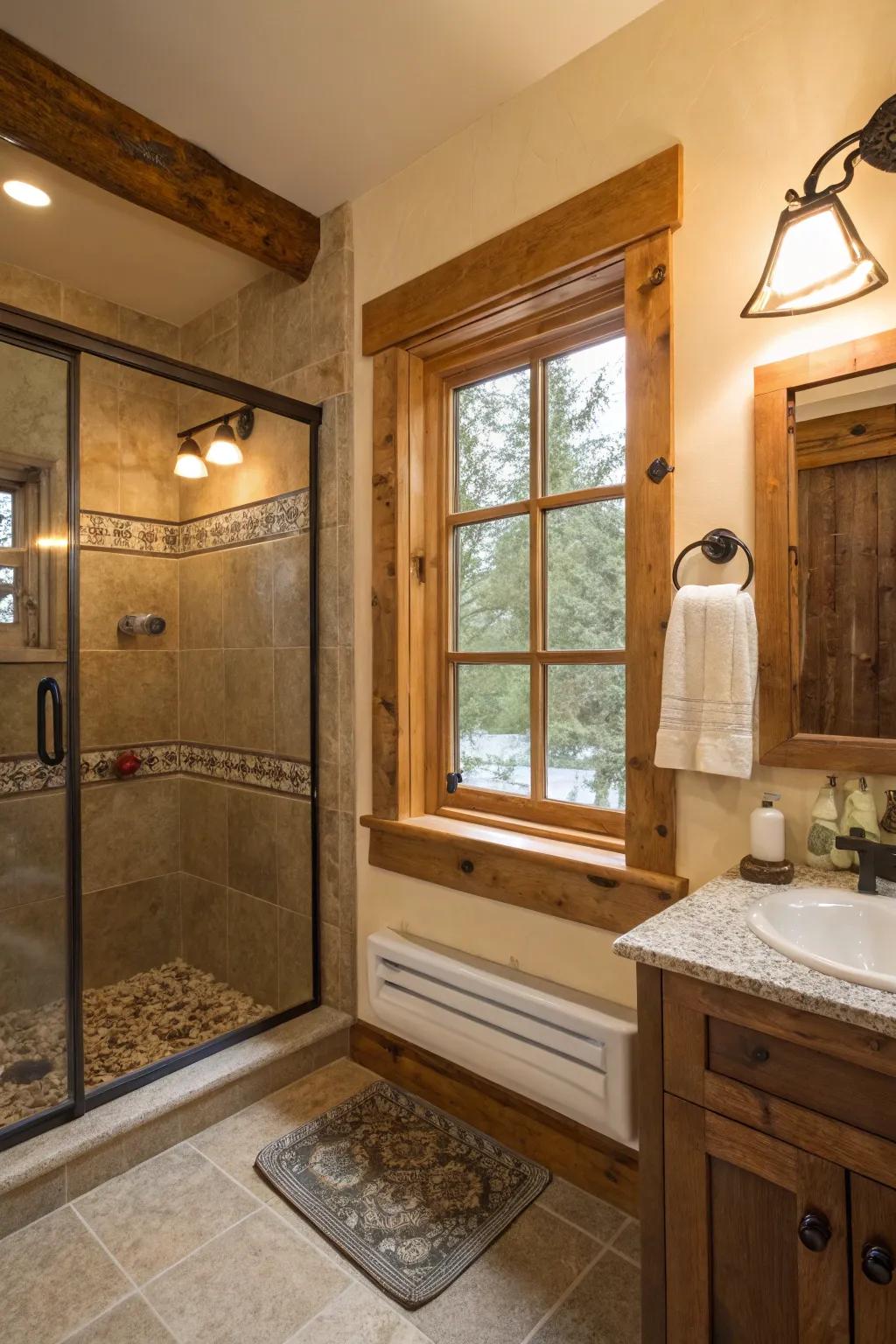 A wooden-framed window adds rustic charm to the shower.