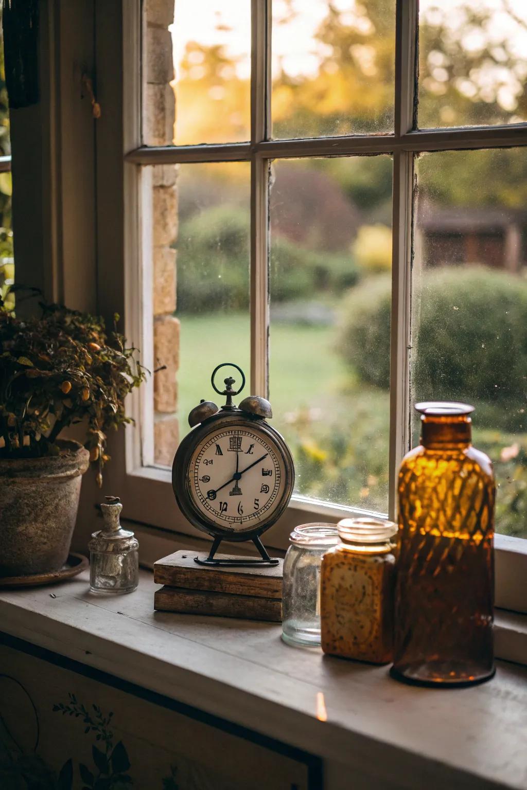 Vintage decor items bring nostalgia to this window sill.