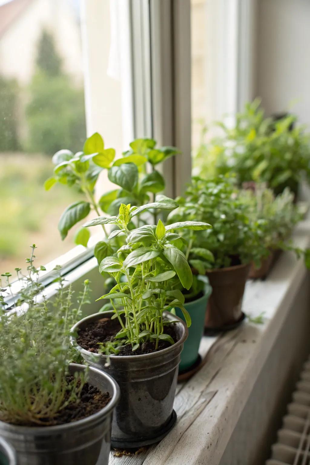 A mini herb garden offers fresh flavors and greenery.