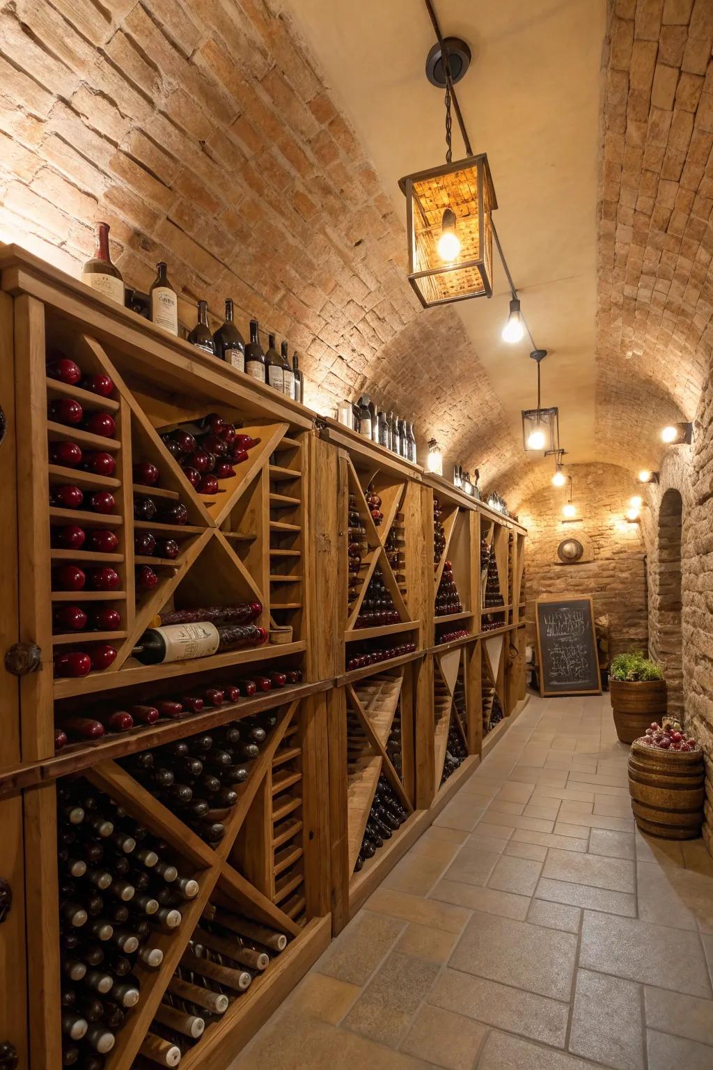 Wine cellar featuring decorative wine racks that add artistic flair.