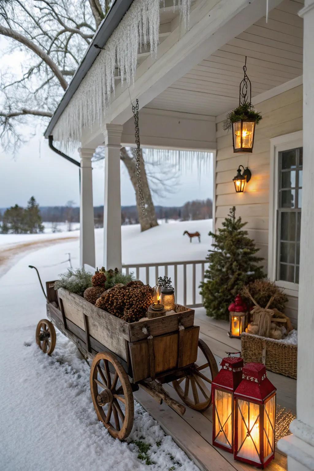 A vintage wagon adds charm and character to this winter porch.