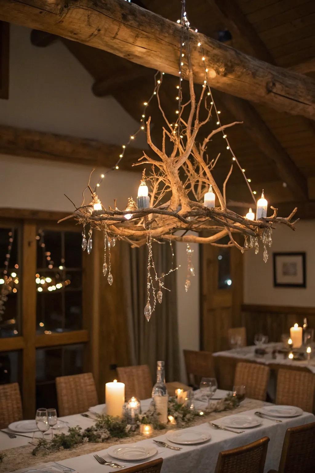 A branch chandelier with fairy lights casts an ethereal glow.