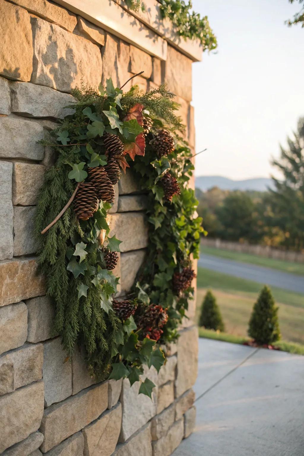 Grapevine and pinecones create a rustic yet refined wreath.