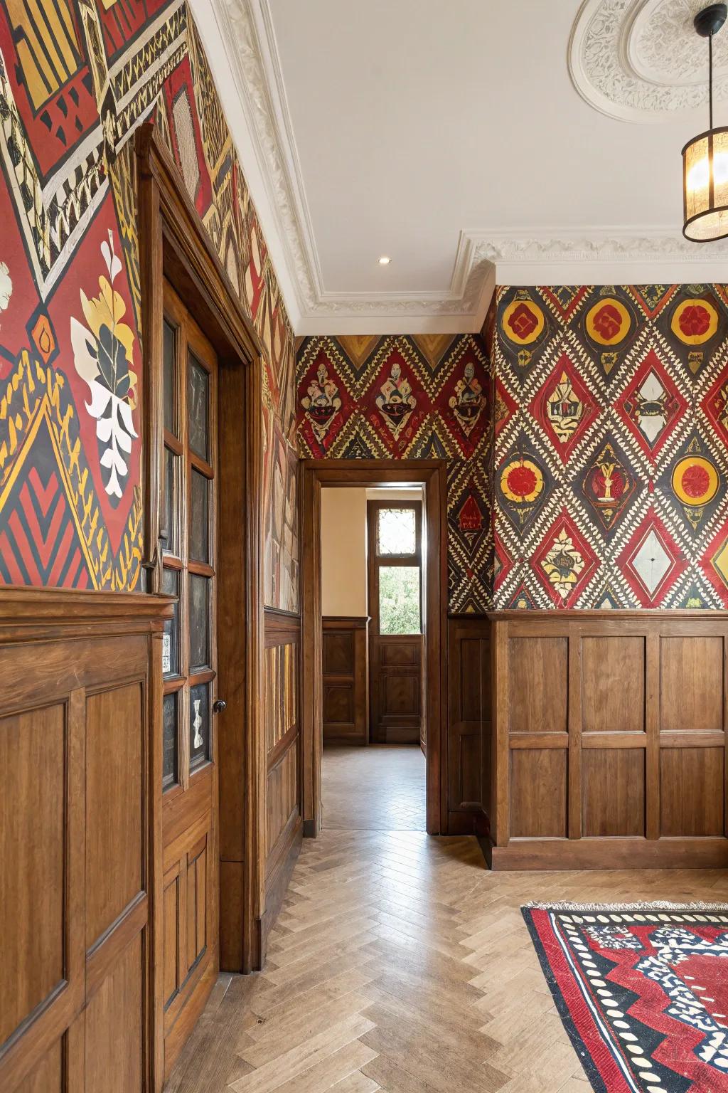 A dramatic room with wood paneling and bold wallpaper.