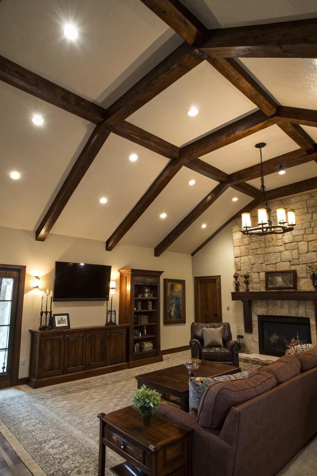 Dramatic living room with bold dark wood beams.