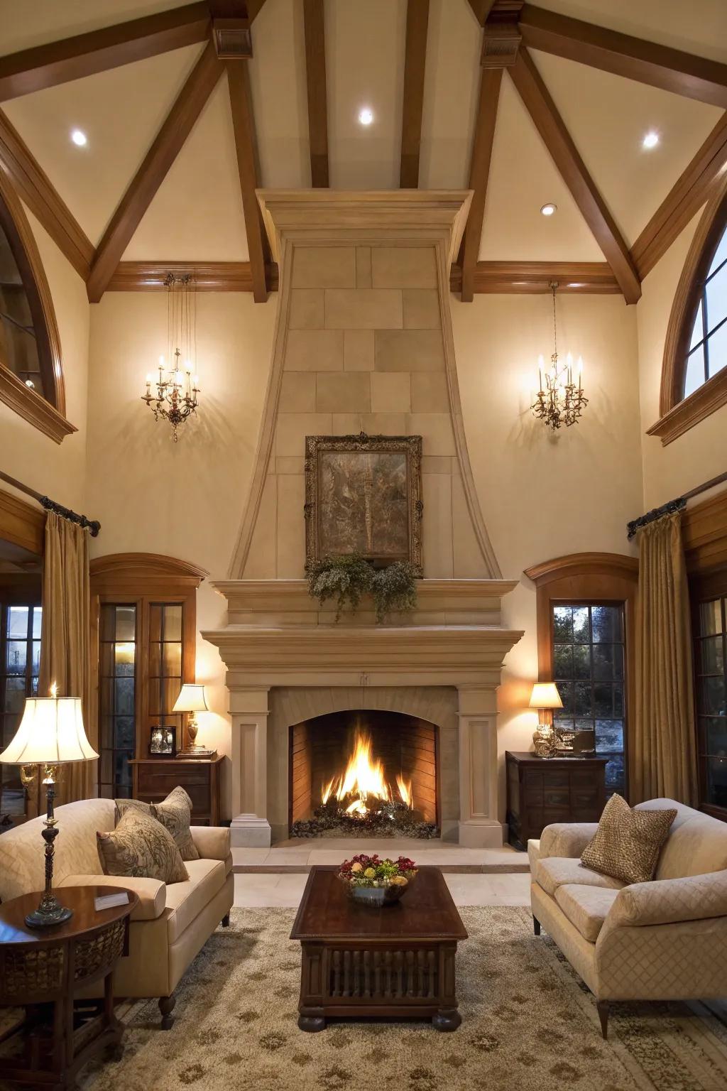 Dramatic high ceilings with an extended fireplace.