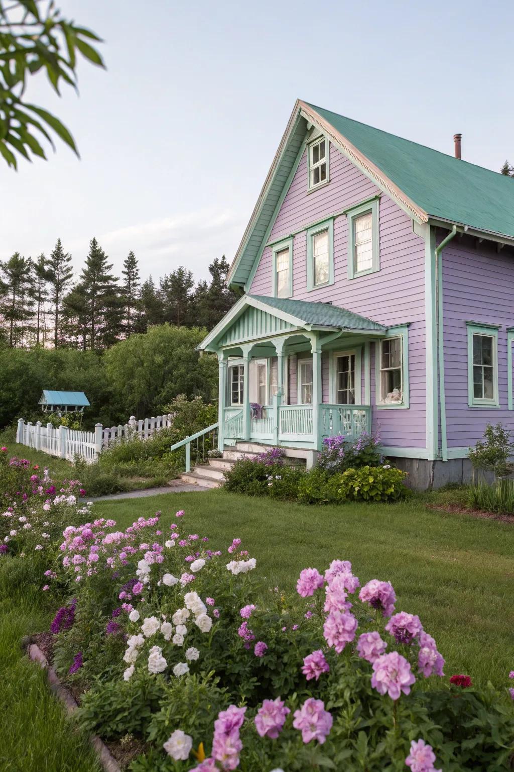 A wooden house with a pastel color scheme, creating a calming and unique facade.