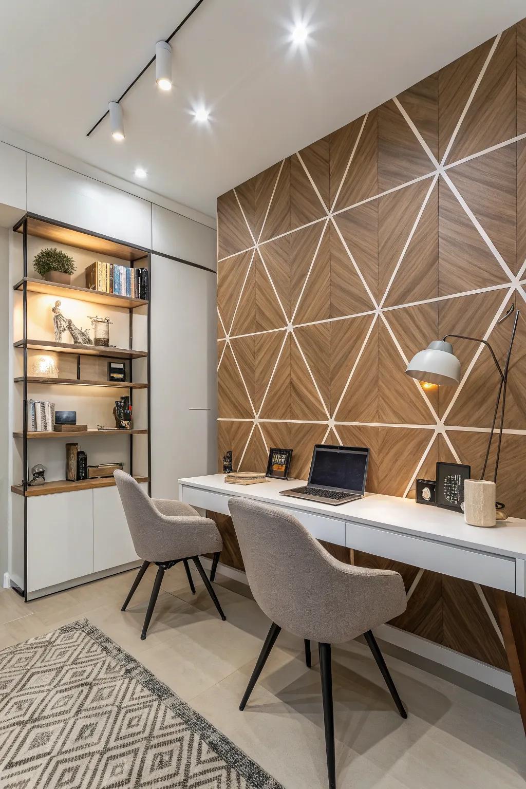 A modern study featuring a geometric wood pattern that adds an edgy touch.