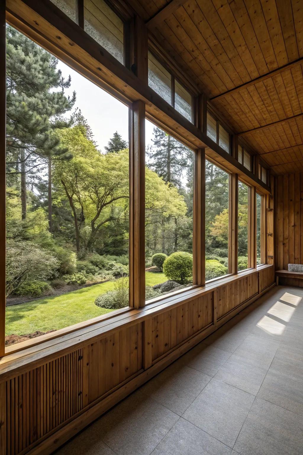 A room where wood panels blend with nature.