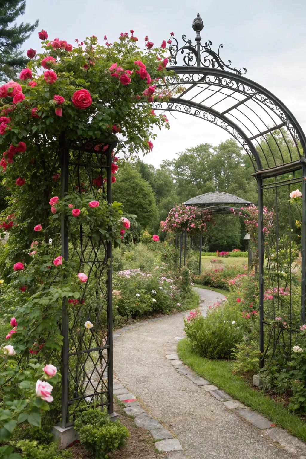 A wrought iron arbor brings a fairytale element to your garden.