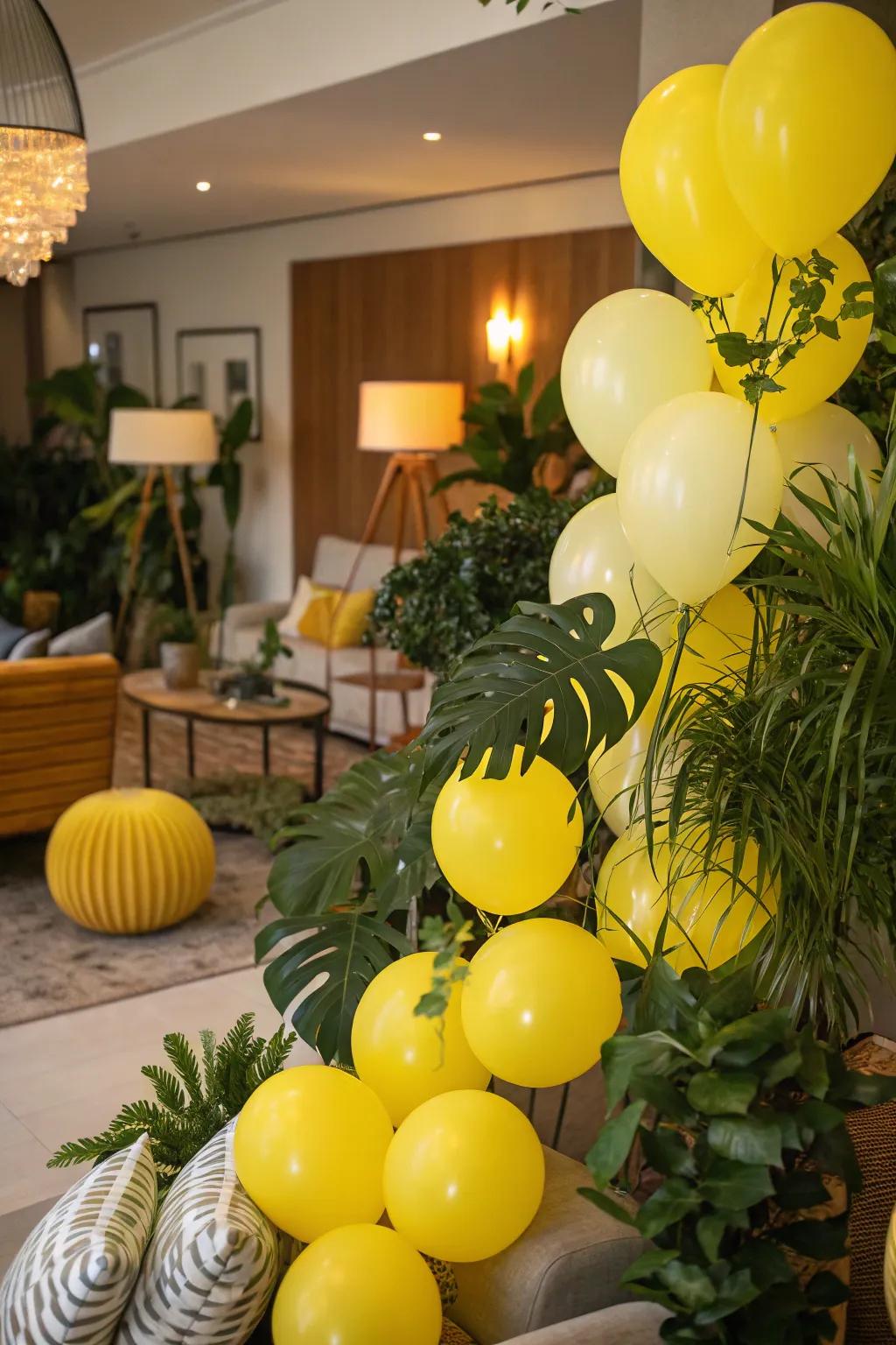 Bright yellow balloons in lush greenery.