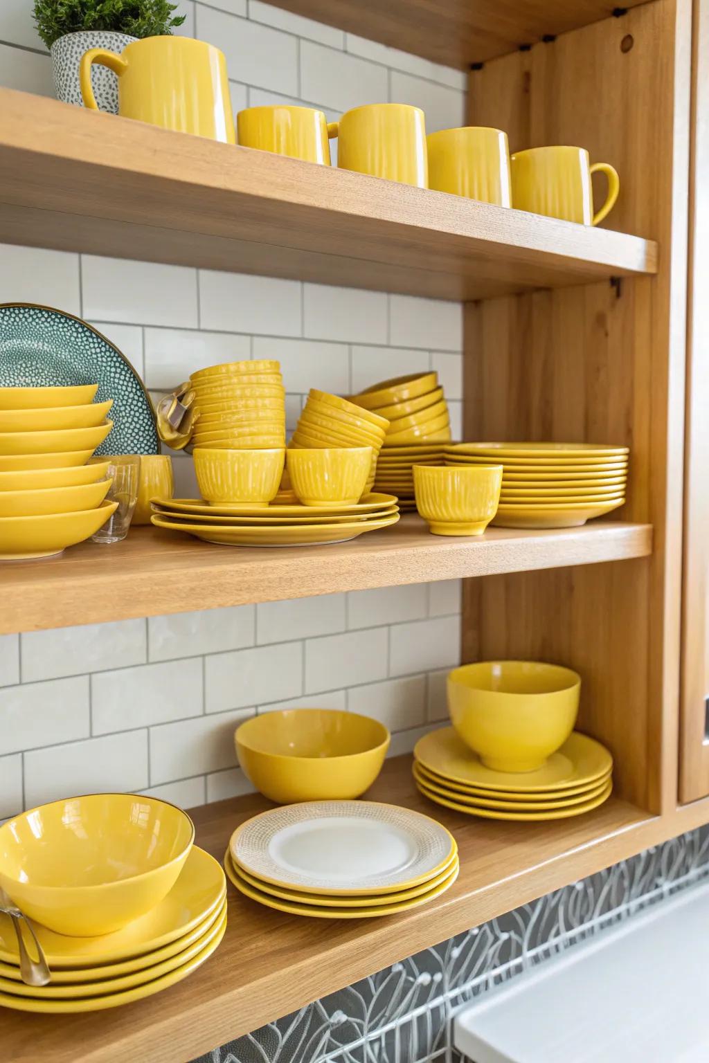 Yellow dishware on display adds color and charm to the kitchen.