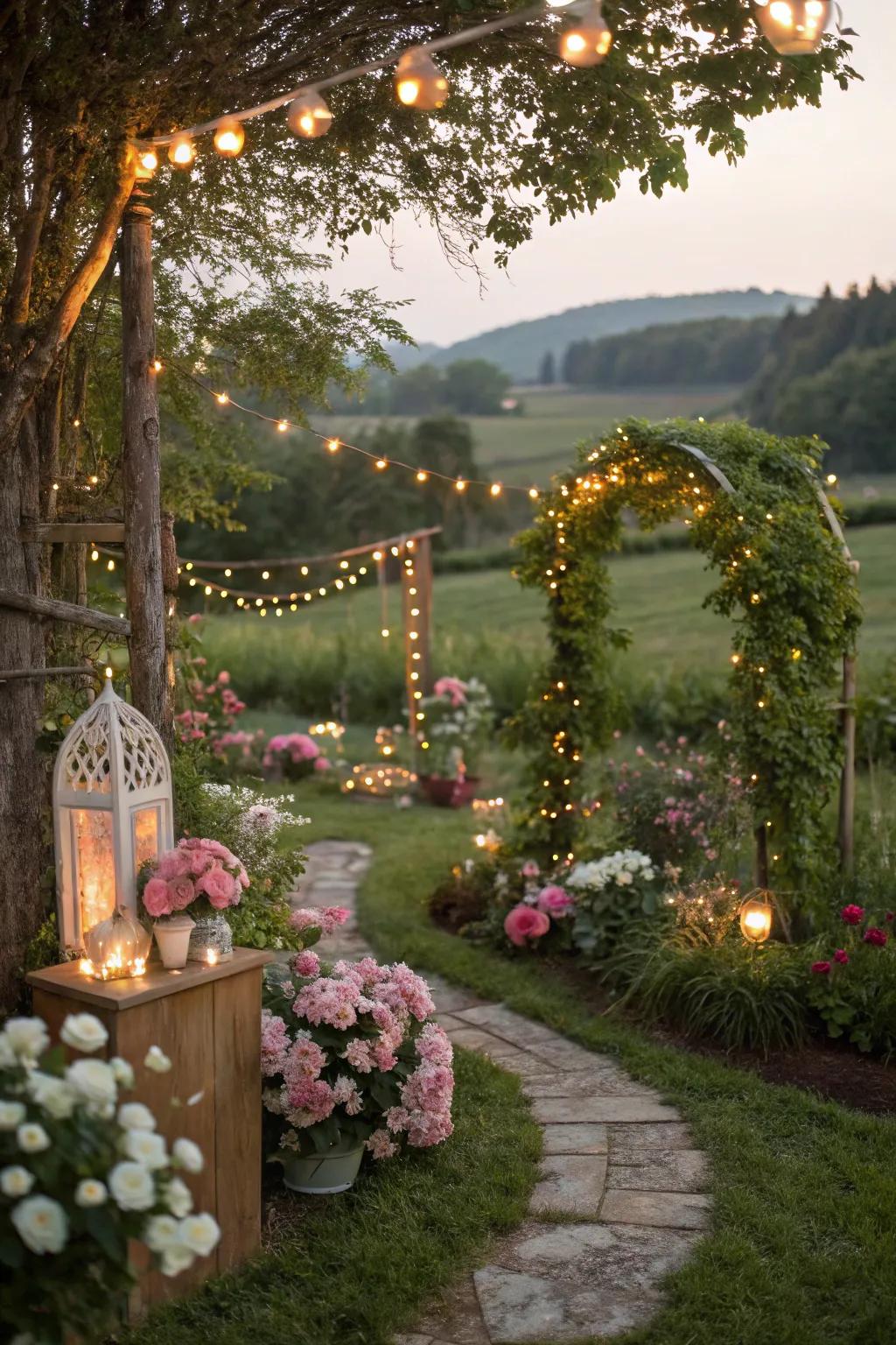 An enchanted garden party with fairy lights and magical elements.