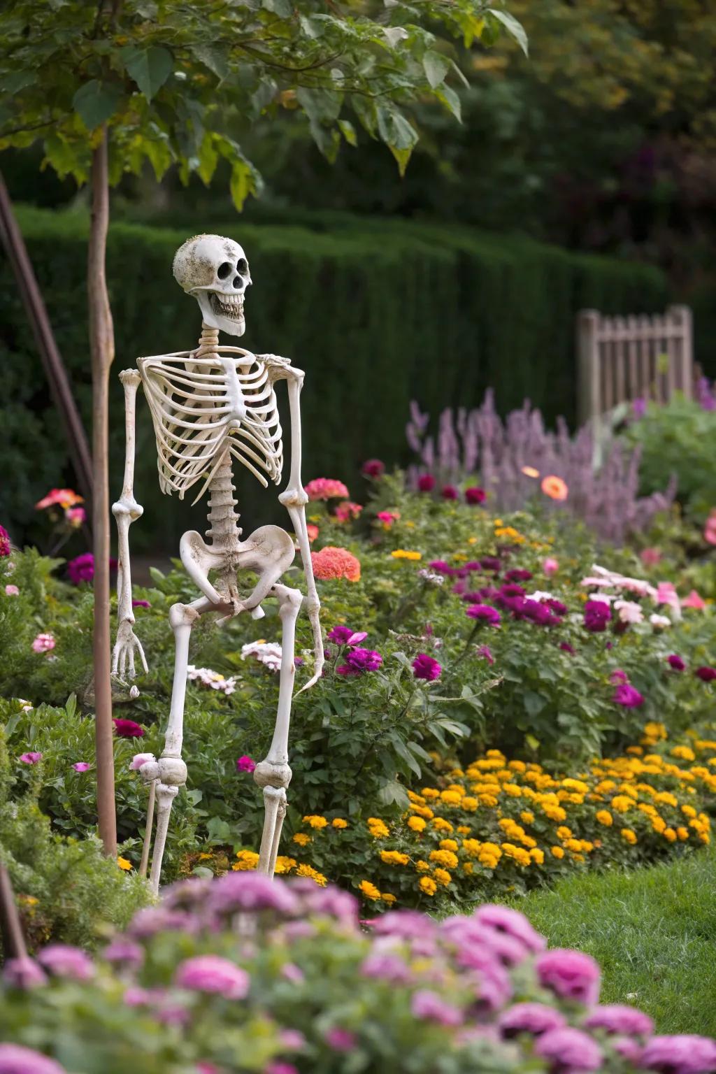 A skeleton in a floral garden offers a unique visual twist.