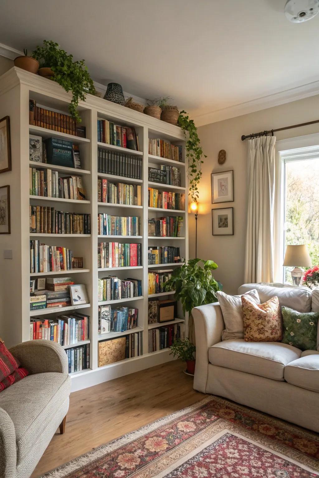 Tall bookshelves to draw the eye upward.