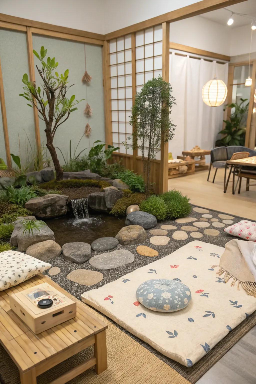 A zen garden escape invites mindfulness.