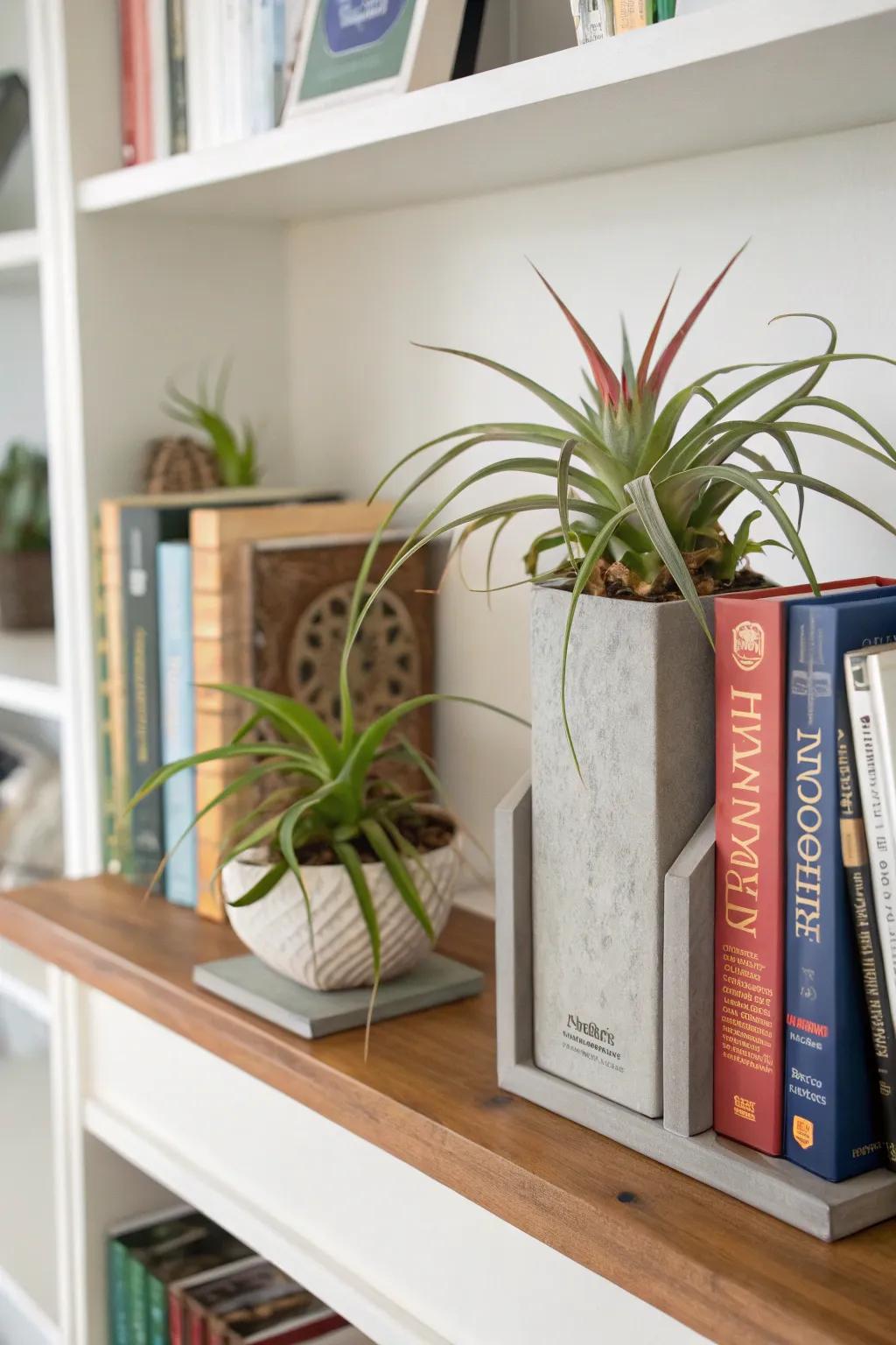 Air plants as bookends provide a functional and beautiful touch.