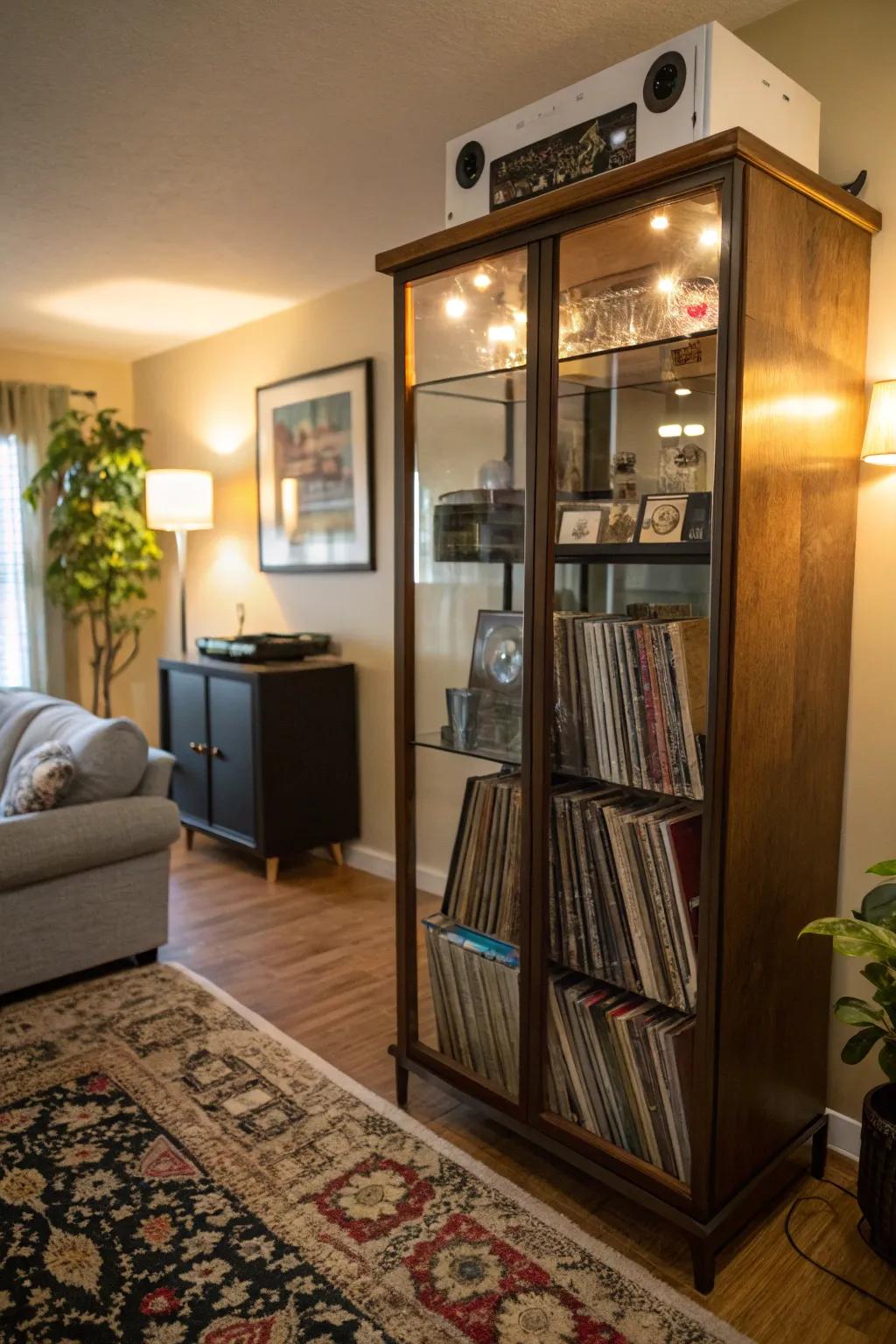 A glass cabinet showcasing vinyl records while keeping them dust-free.