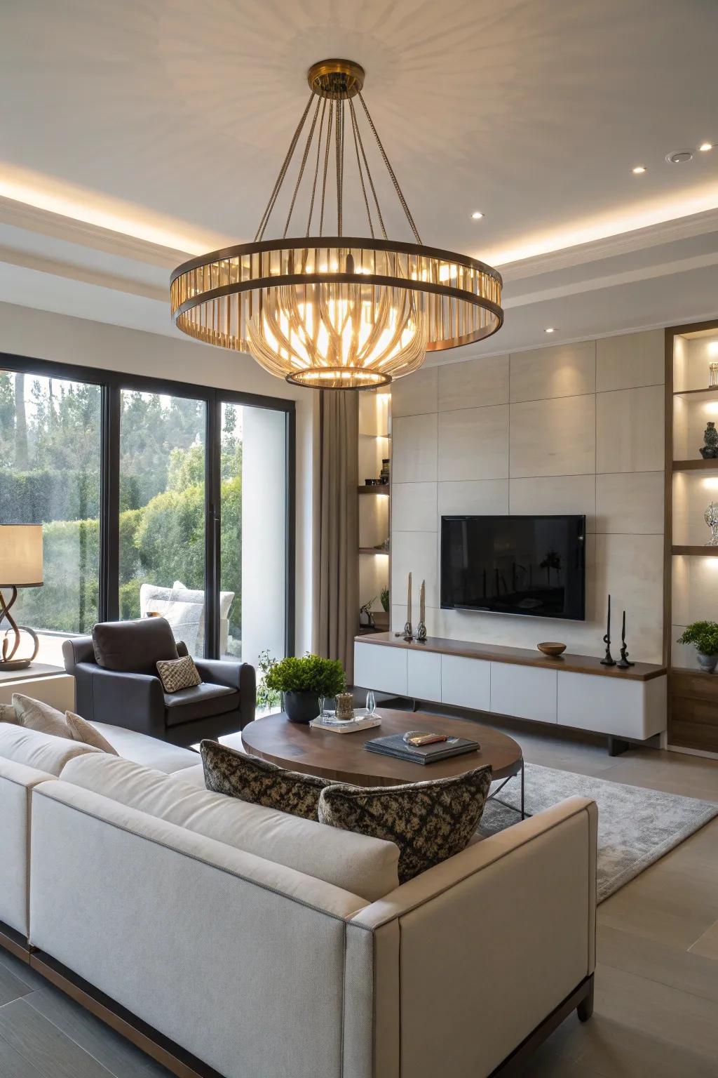 A statement lighting fixture enhances the aesthetic of this modern living room.