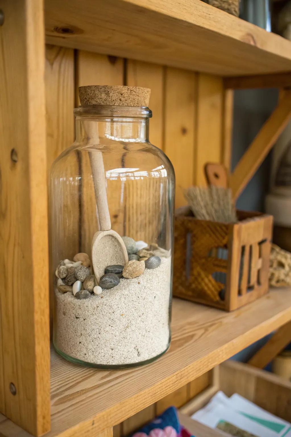 A mini zen garden in an apothecary jar offers tranquility and calm.