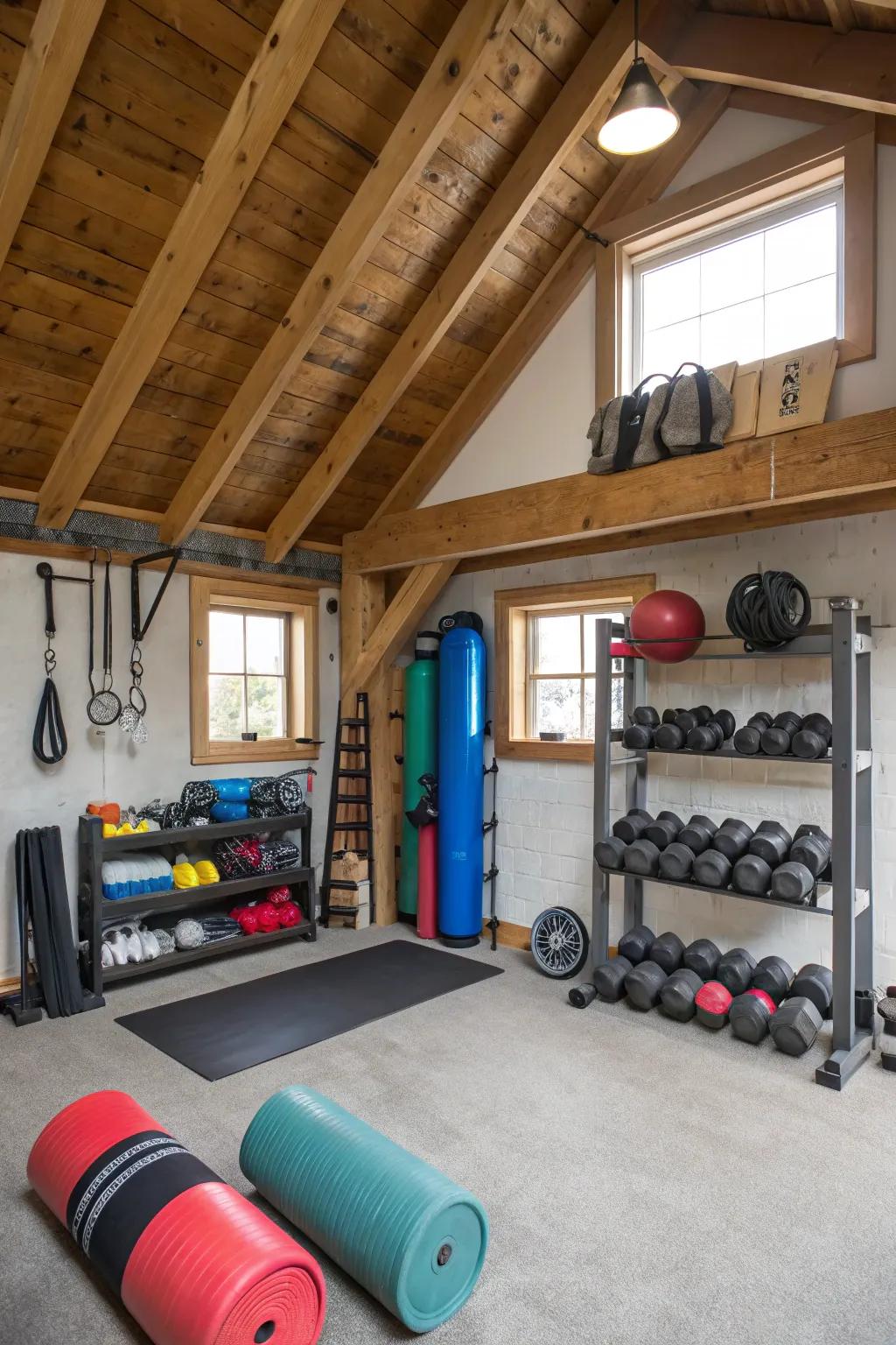 Efficient storage solutions keep your attic gym tidy.