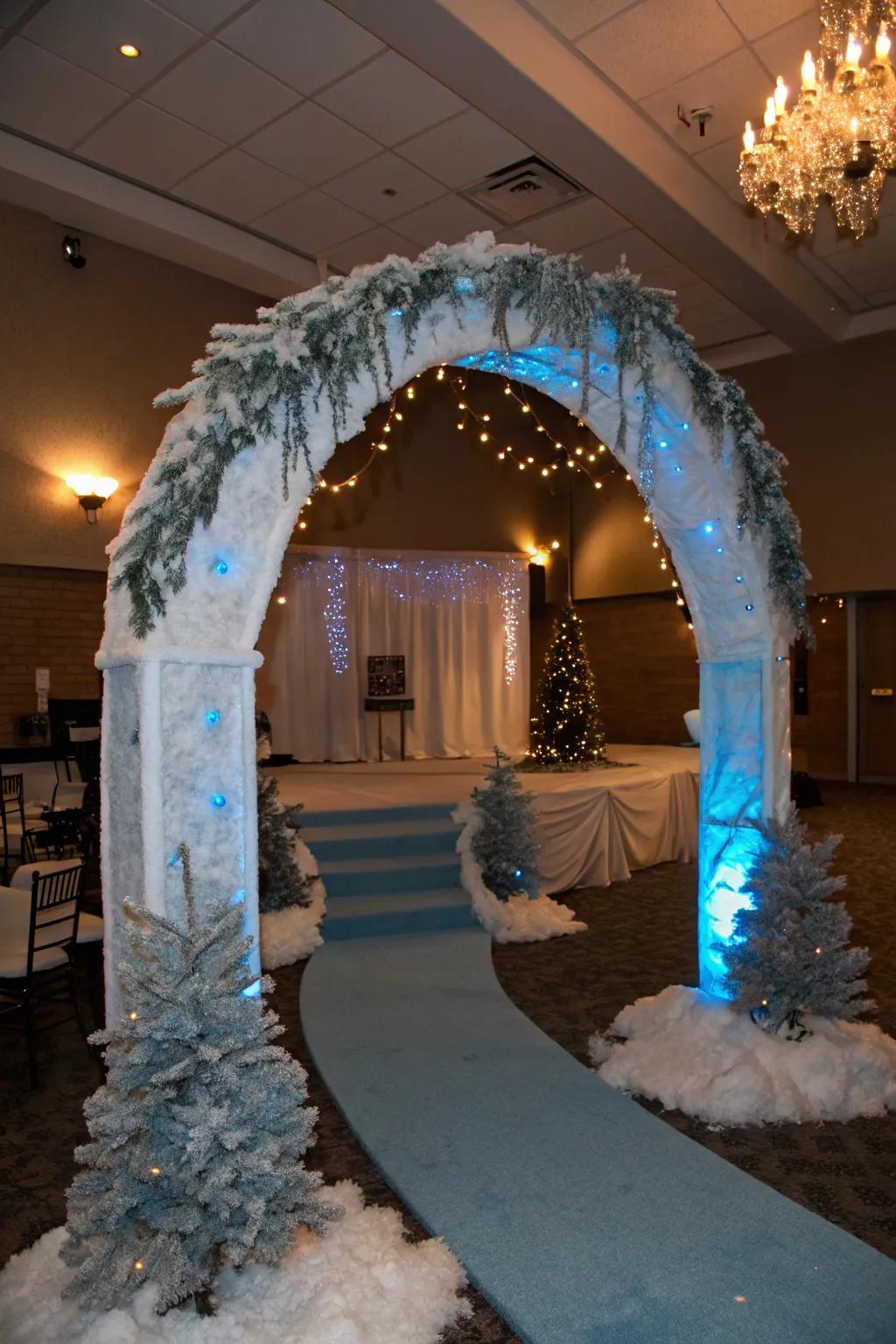 A magical winter wonderland arch with snow and icy tones.