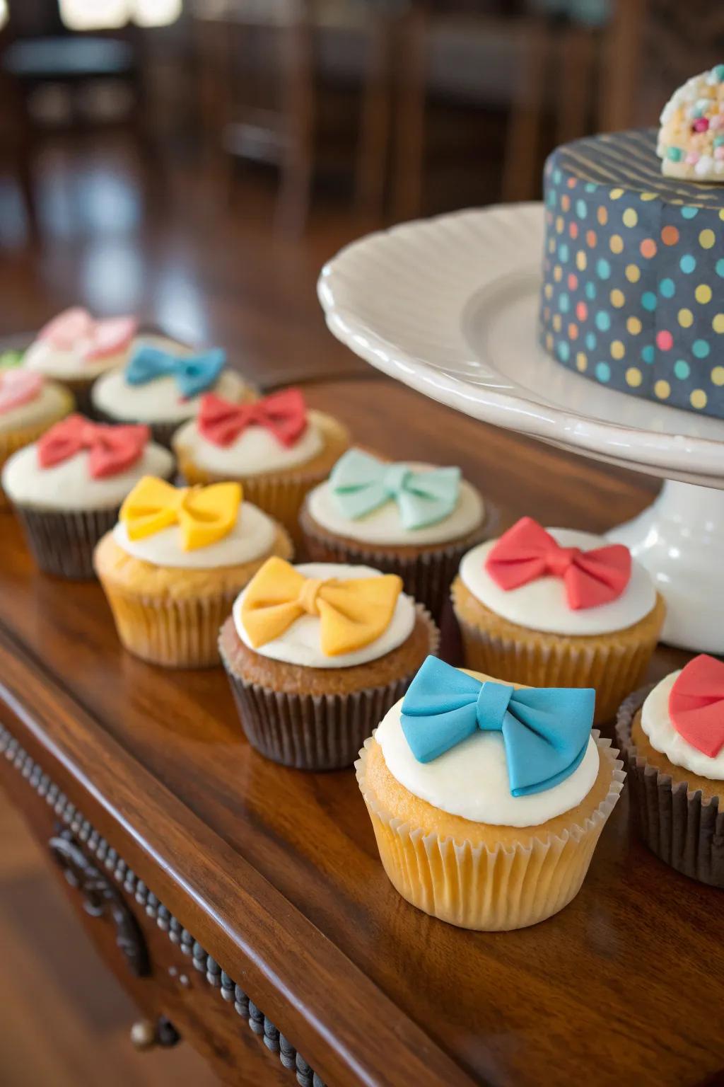 Bow tie-topped cupcakes bring a touch of sophistication.