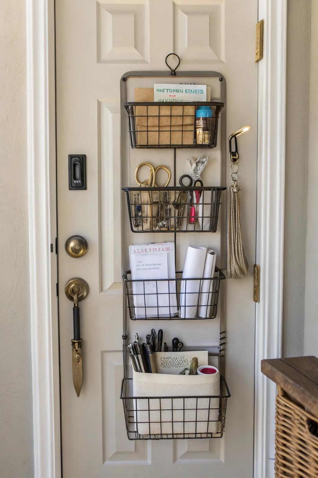 A wire organizer behind the door maximizes storage for various essentials.