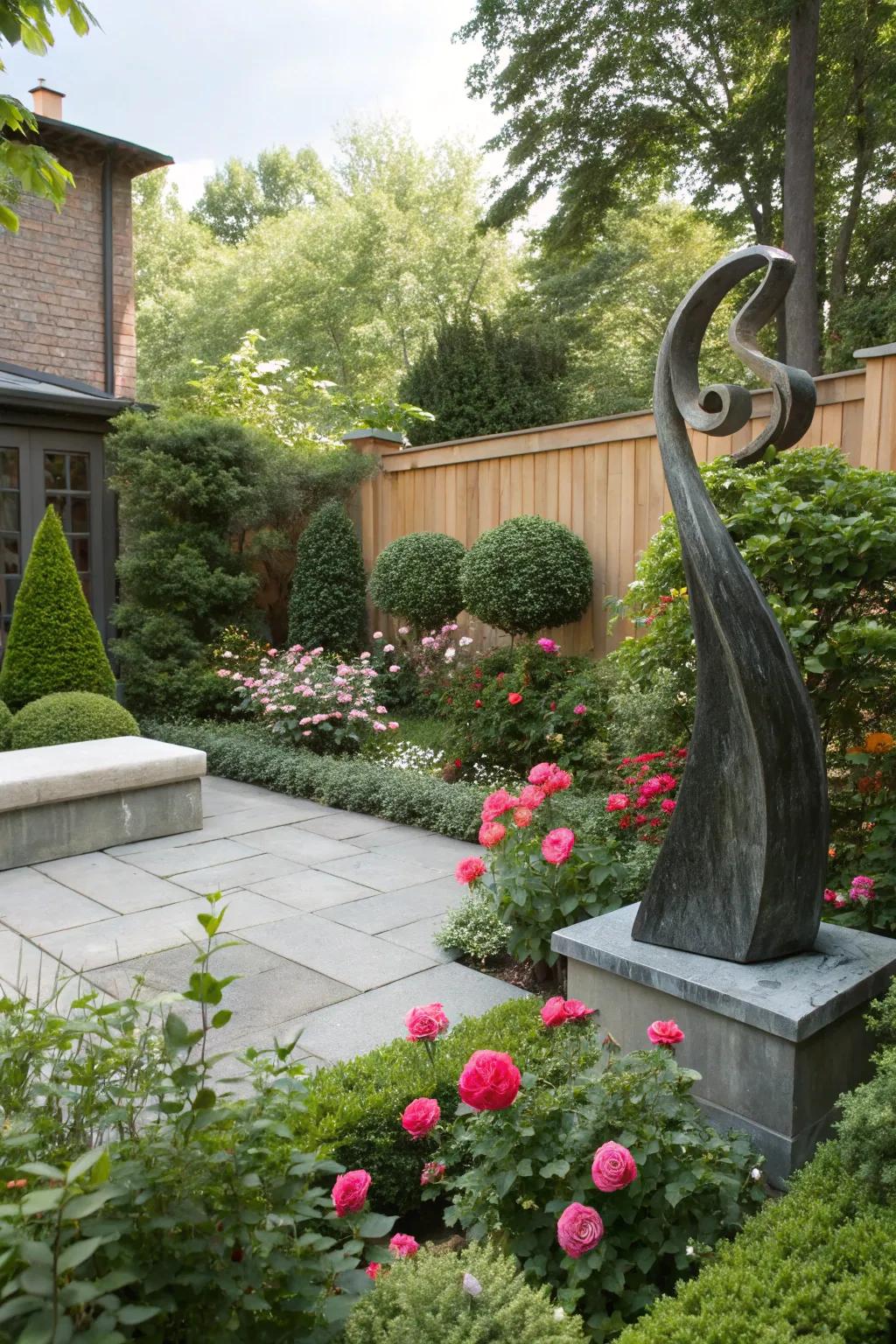 A sculpture can be a striking focal point in the garden.