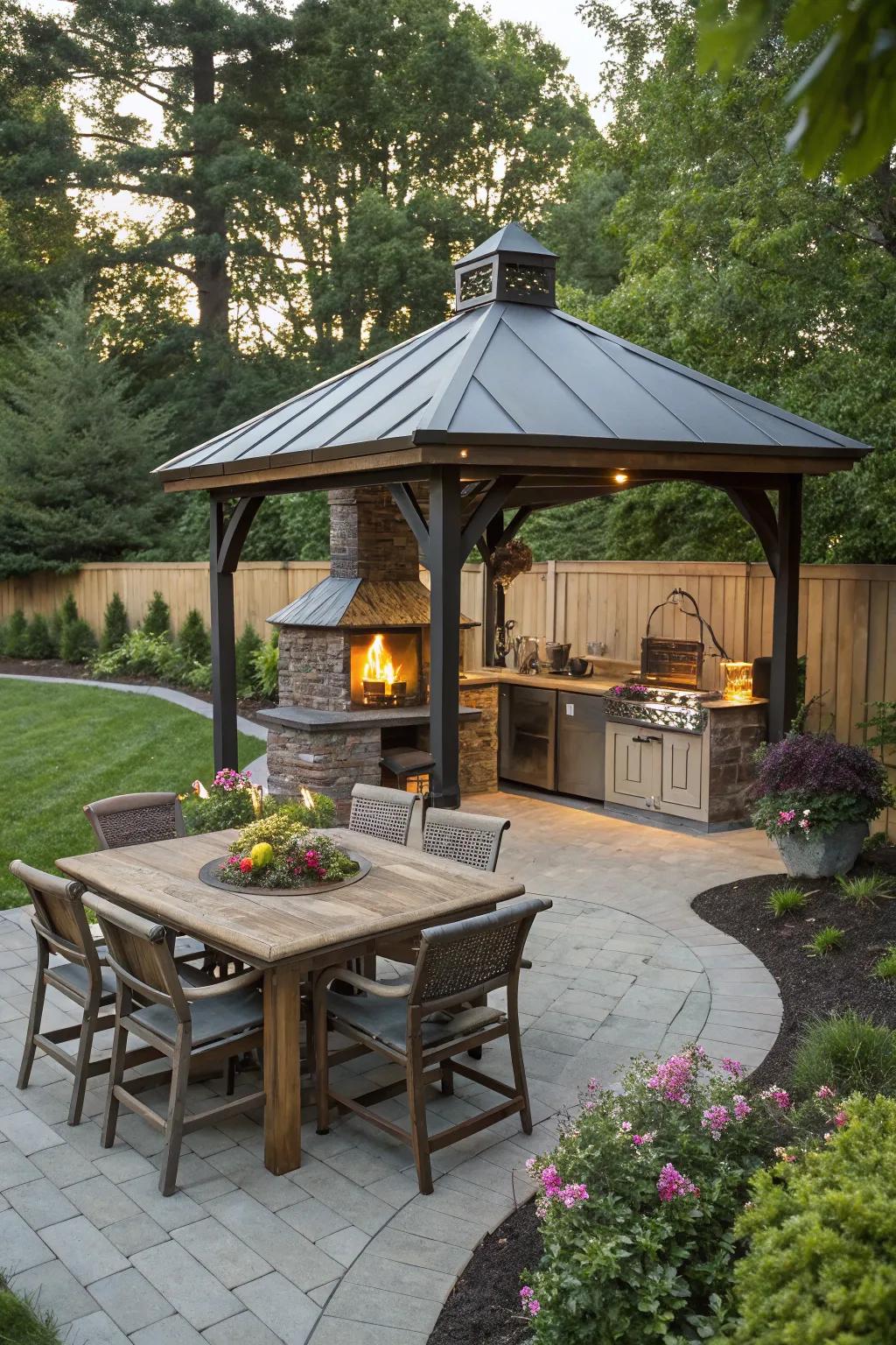 A gazebo with a fire pit creates a warm and inviting outdoor kitchen area.