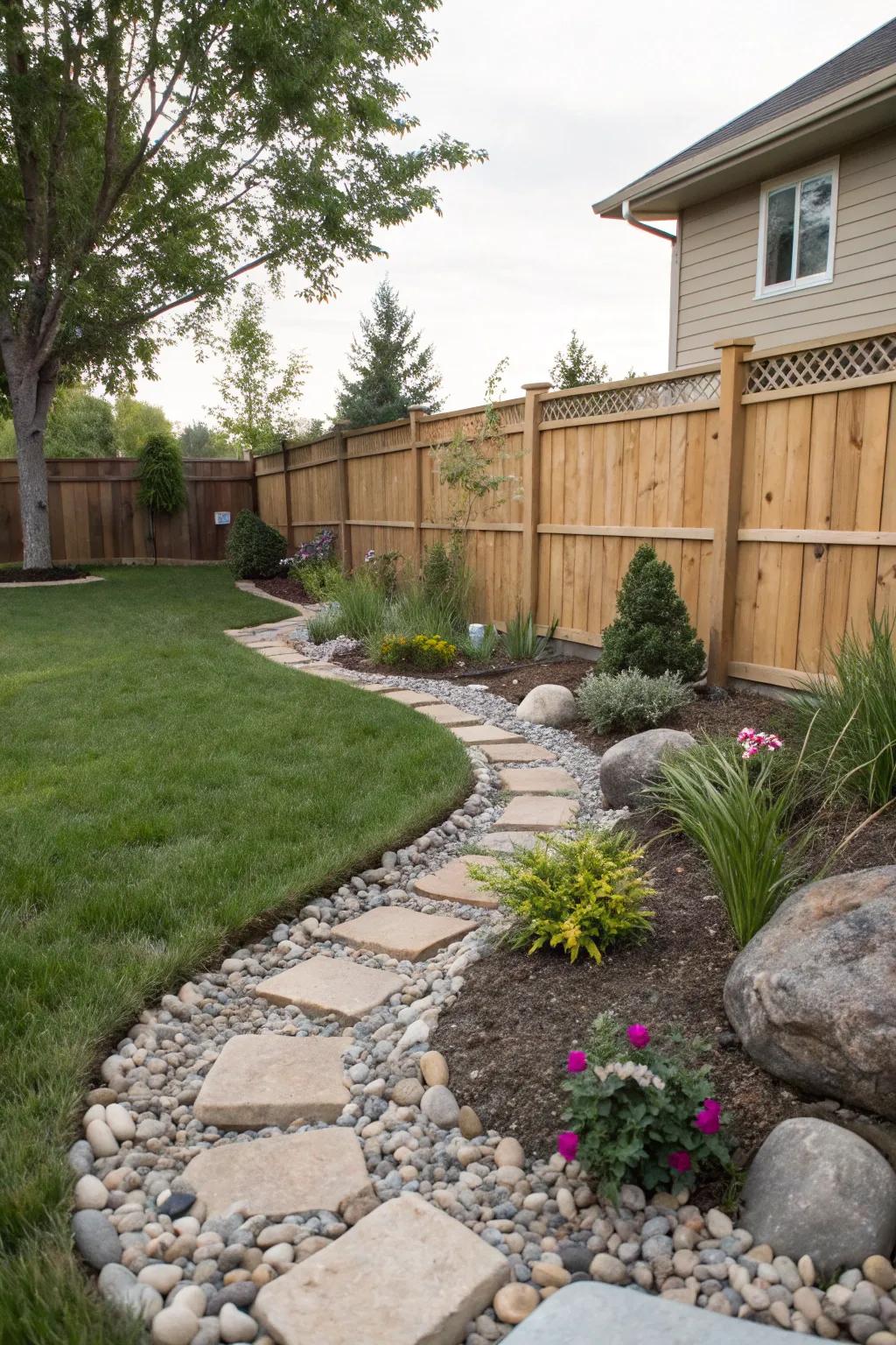 Decorative stones enhancing drainage and aesthetics in a backyard.