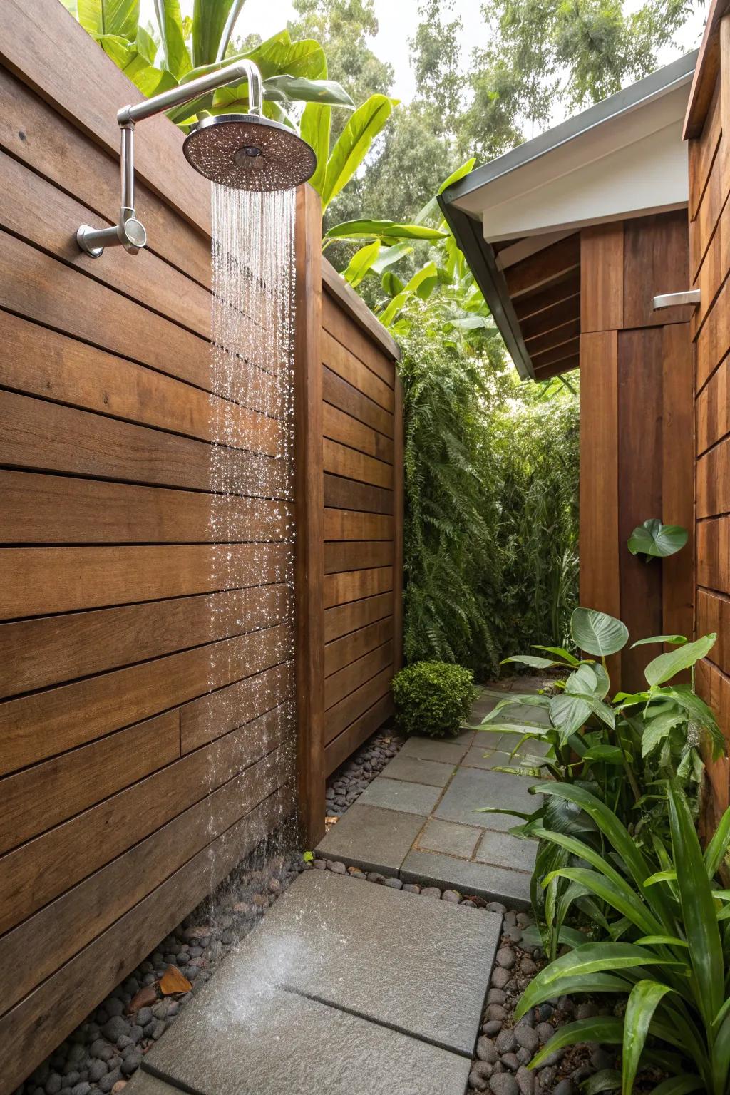 An outdoor shower offers a refreshing embrace of nature.