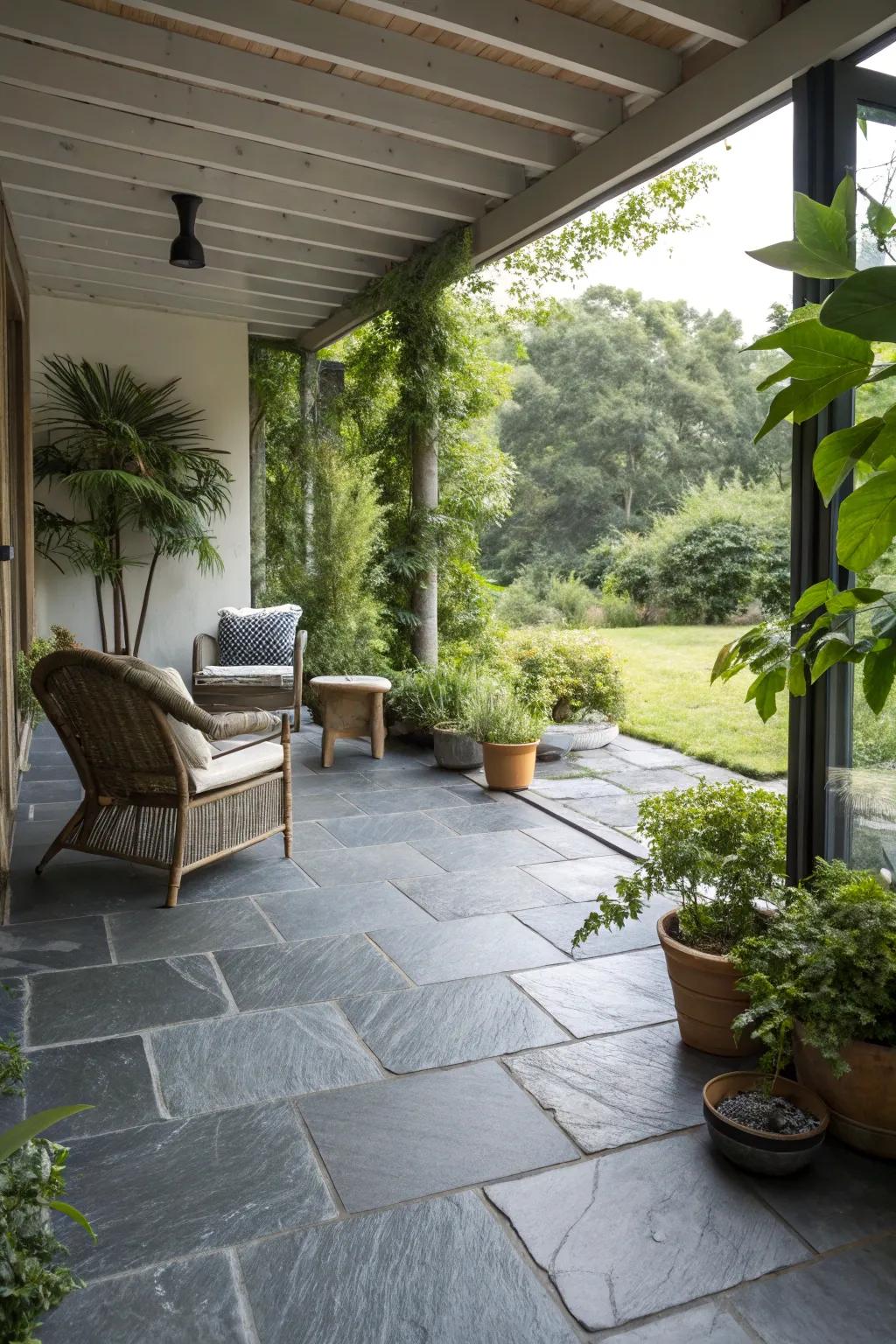 Slate tiles add drama and modern elegance to any patio.