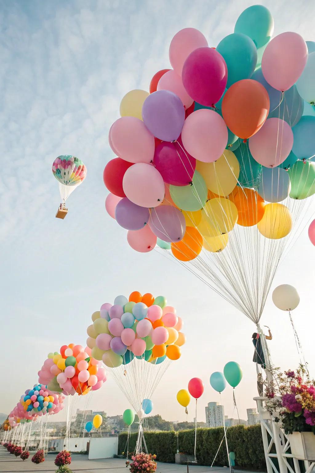 Floating balloon bouquets create a surreal and colorful display.