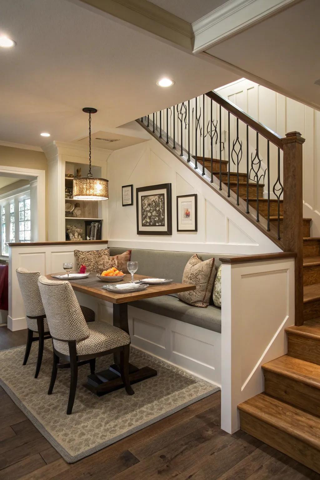 A space-saving dining area with banquette seating tucked under the stairs.