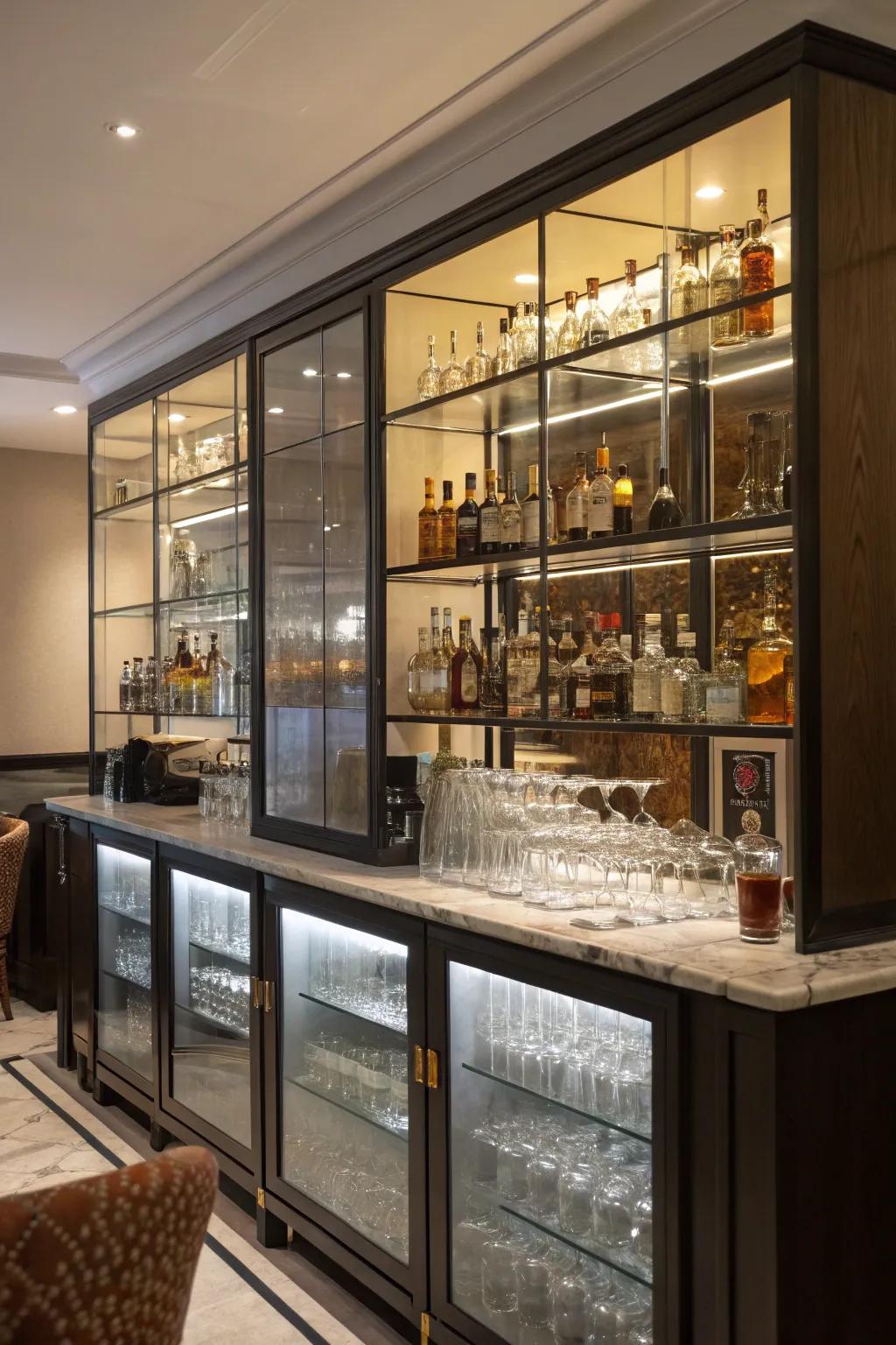 Glass display cases showcase your finest spirits with sophistication and elegance.