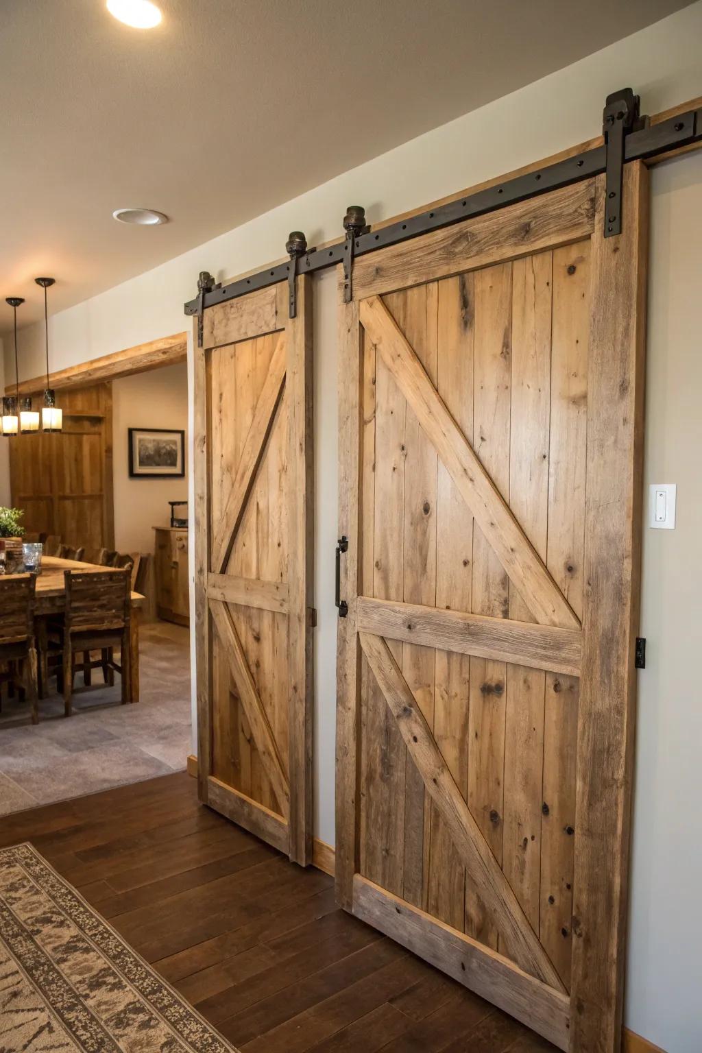 Sliding barn doors adding rustic charm to the interior.