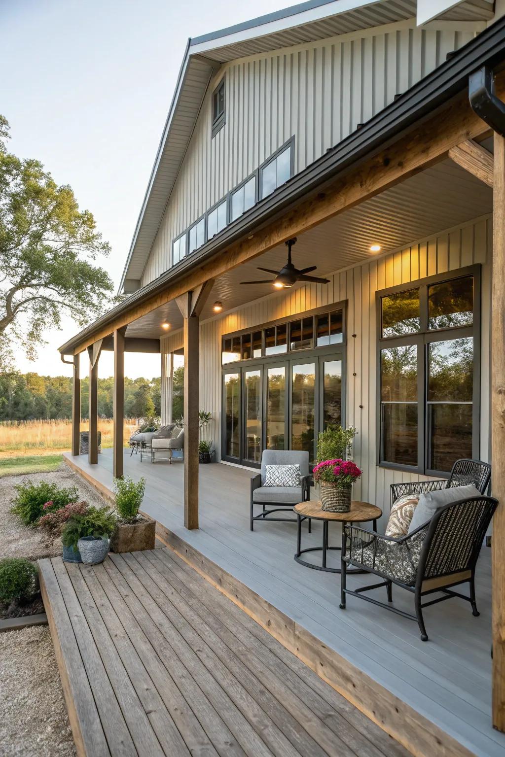 A welcoming wrap-around porch perfect for enjoying the outdoors in this barndominium.