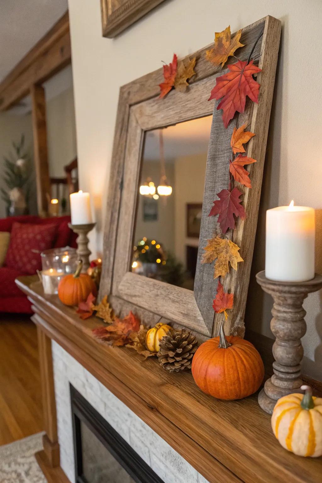 Seasonal decor with autumn-themed barnwood frames.