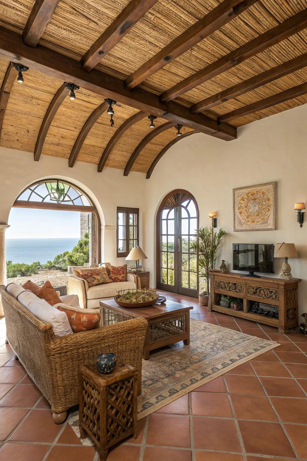 A Mediterranean-inspired living room featuring a warm barrel ceiling.