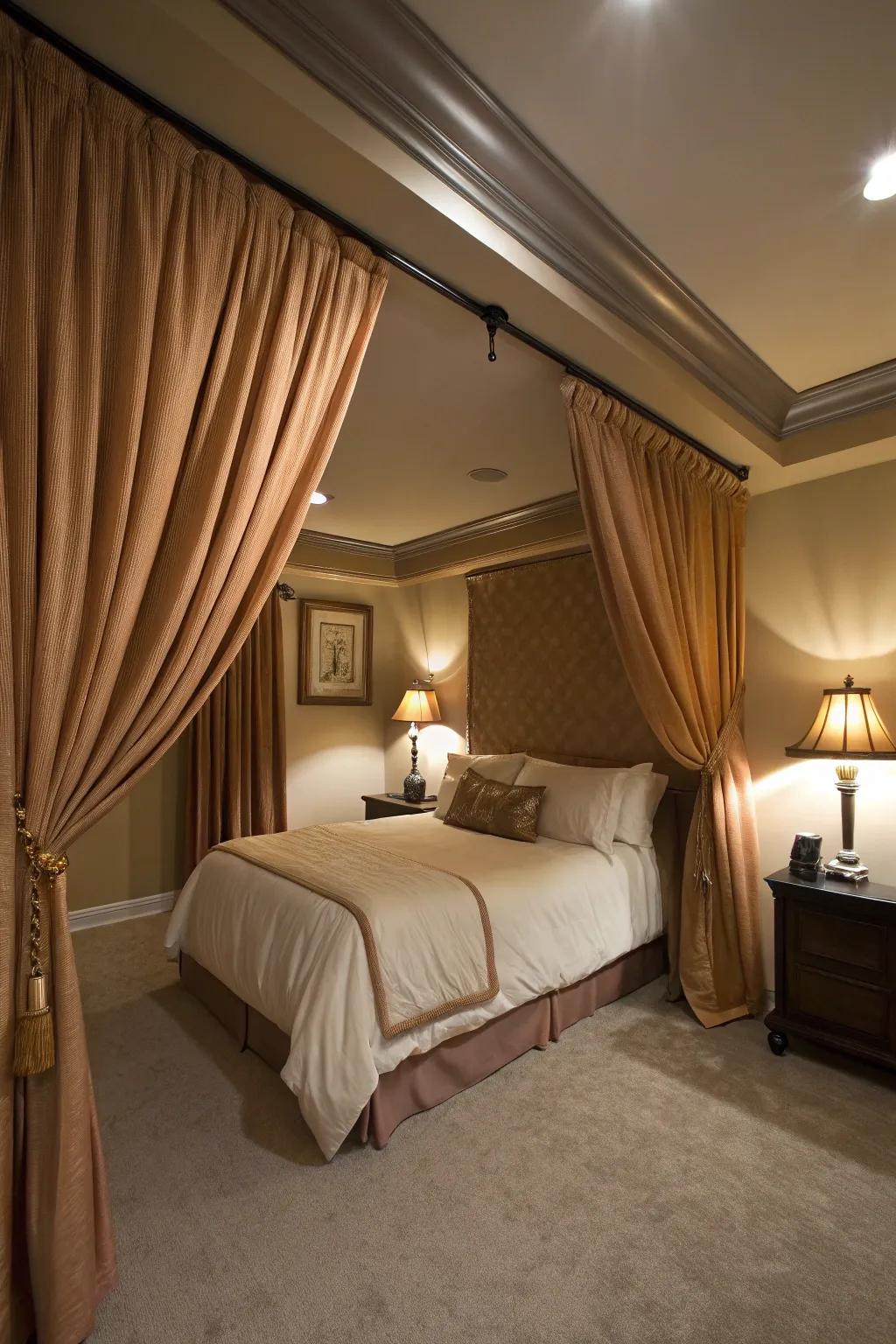 Drapery can soften and add elegance to any basement bedroom.