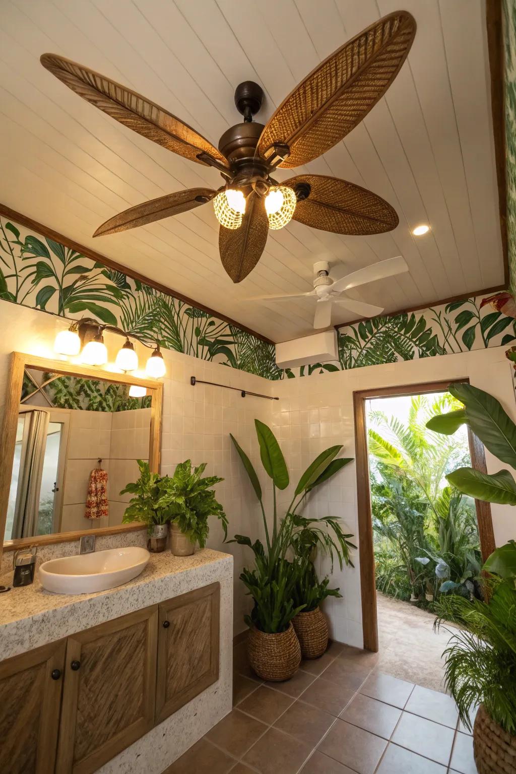 A tropical-themed bathroom with a ceiling fan featuring leaf-shaped blades.